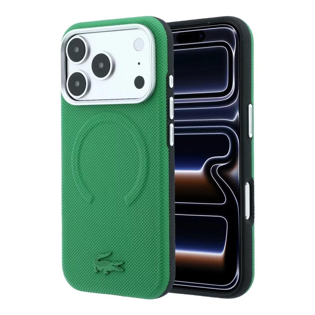 A Photo Of Lacoste MagSafe Green PU Leather Hard Case for iPhone 18 Pro/18 Pro Max with Petit Pique Embossed