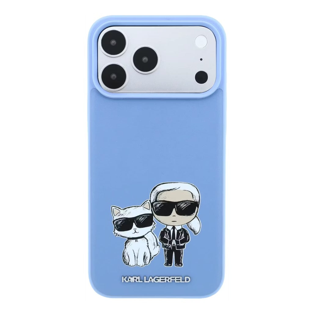 A Photo Of Karl Lagerfeld iPhone 18 Pro/18 Pro Max MagSafe Blue Smooth PU Karl & Choupette Bodies Sketch Hard Cover