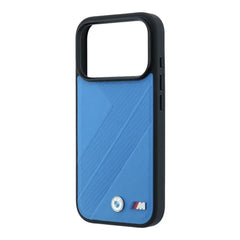 A Photo Of BMW iPhone 18 Pro/18 Pro Max MagSafe Blue PU Textured Tire Track Hard Cover with Metal Logos