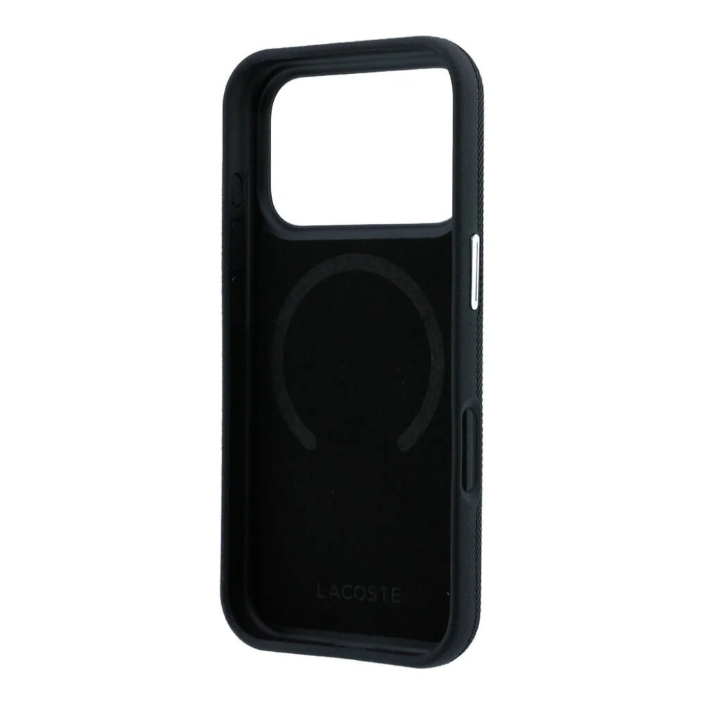 A Photo Of Lacoste MagSafe Black PU Leather Hard Case for iPhone 18 Pro/18 Pro Max with Petit Pique Embossed