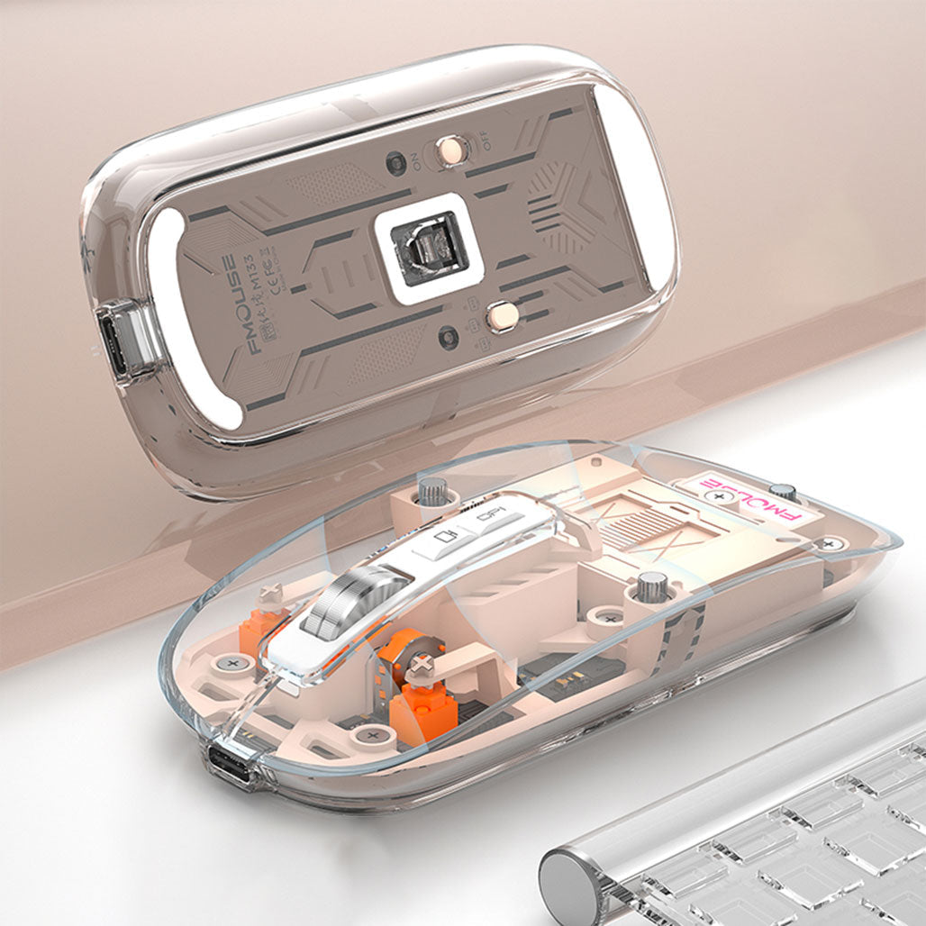 A Photo Of Wireless mouse FMOUSE M133 Bluetooth and USB 2.4G connection unique transparent design with DPI up to 2400