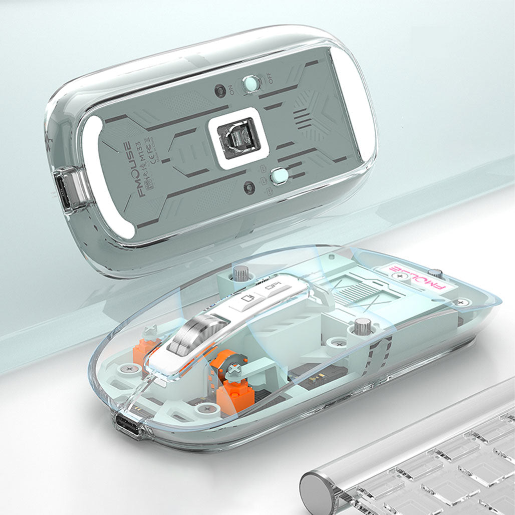 A Photo Of Wireless mouse FMOUSE M133 Bluetooth and USB 2.4G connection unique transparent design with DPI up to 2400