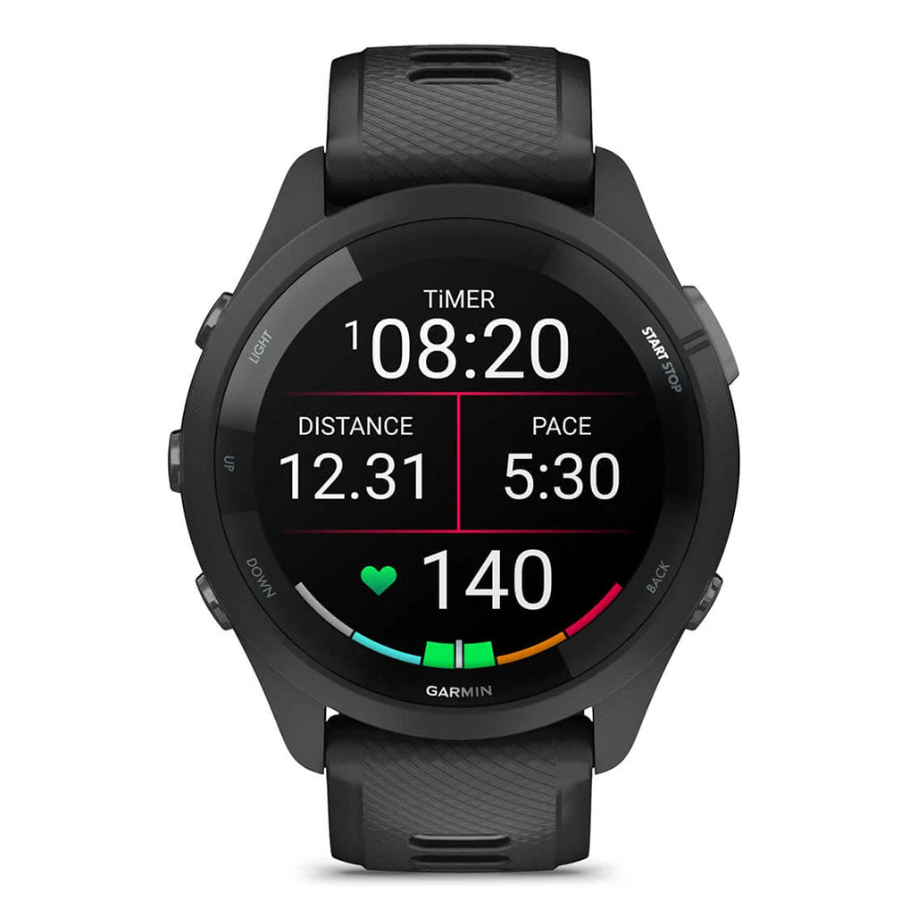 A Photo Of Garmin Forerunner 265 - 010-02810-10 - Black Bezel and Case with Black/Powder Gray Silicone Band