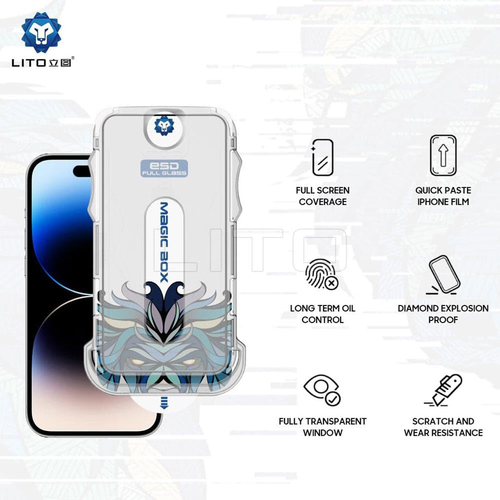 A Photo Of LITO Magic Box D+ Tools Full Glass Screen Protector for Apple iPhone 14 Pro Max – HD Transparency, Scratch-Resistant & Easy Application