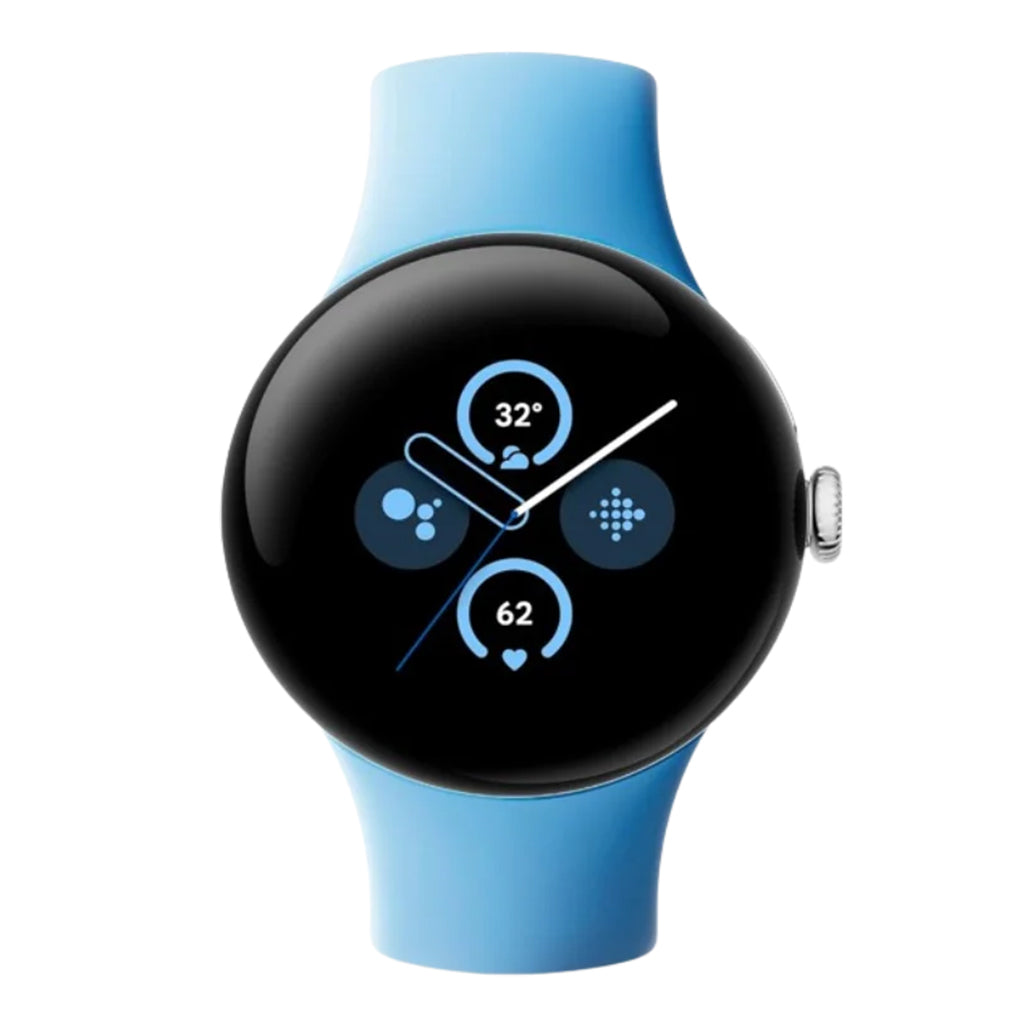 A Photo Of Google Pixel Watch 2 - Polished Silver Aluminum Case / Bay Active Band