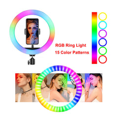 A Photo Of RGB LED Ring Light with Phone Clip – Adjustable Brightness and Color for Photography, Video, and Live Streaming